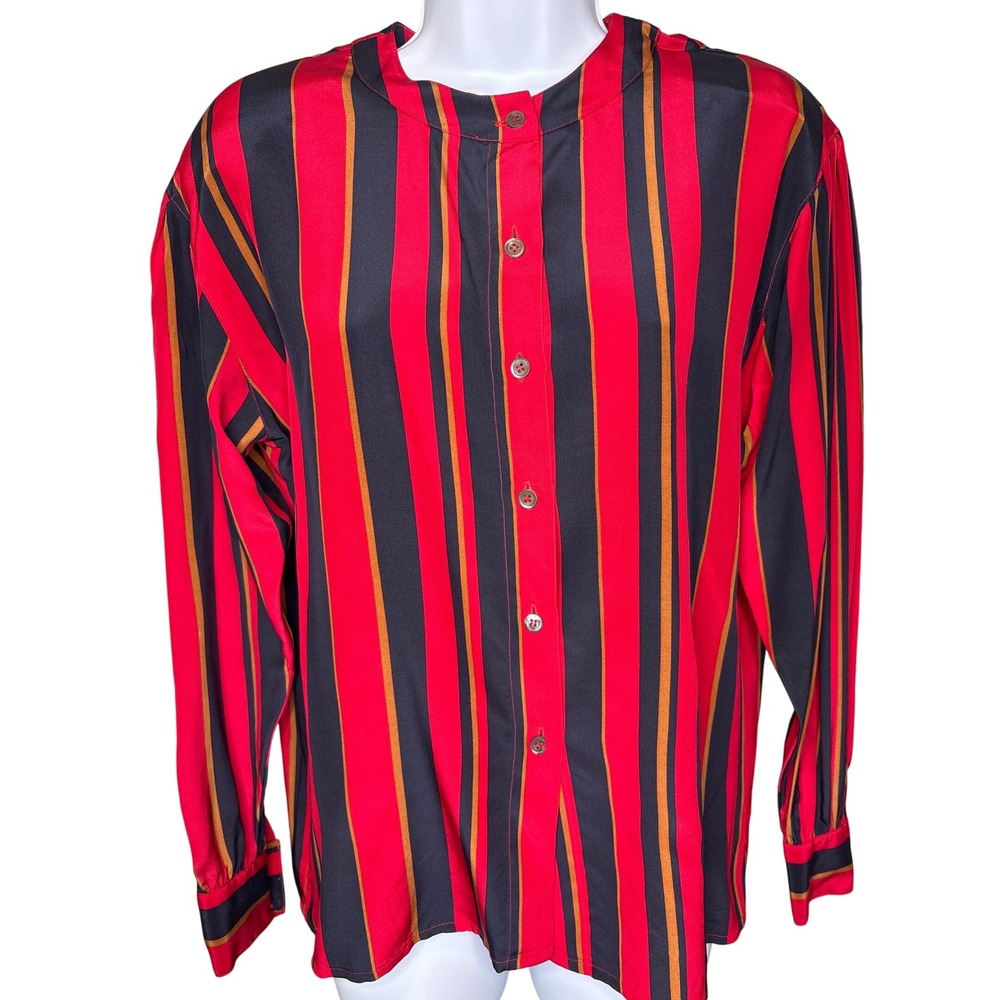 Vintage 80s Paul Stanley Womens Red Striped Silk Button Down Blouse Sz 4‎ Office
